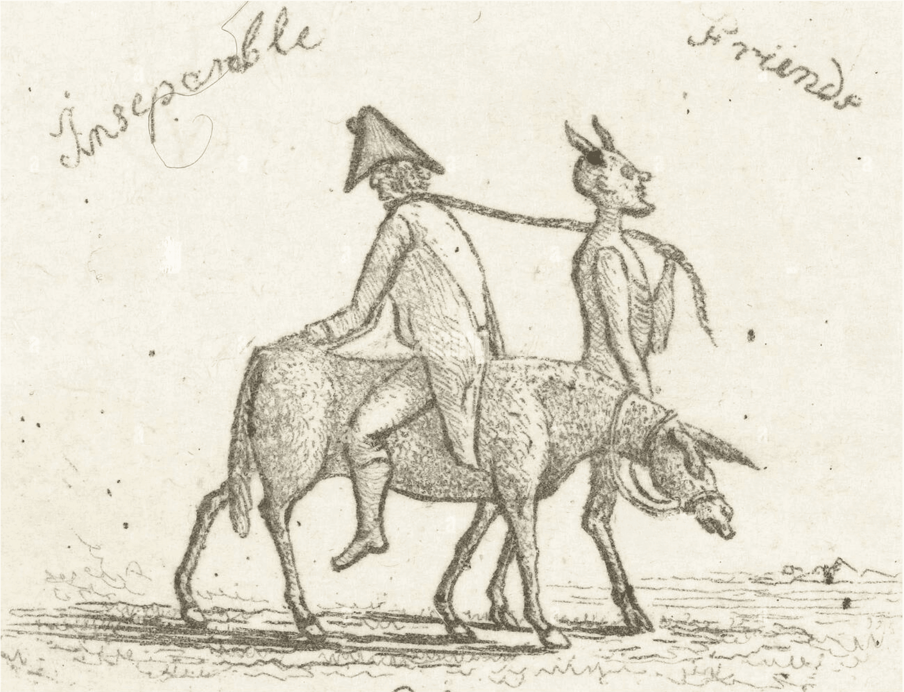 Napoleon on a donkey being led by his inseparable friend, devil.
